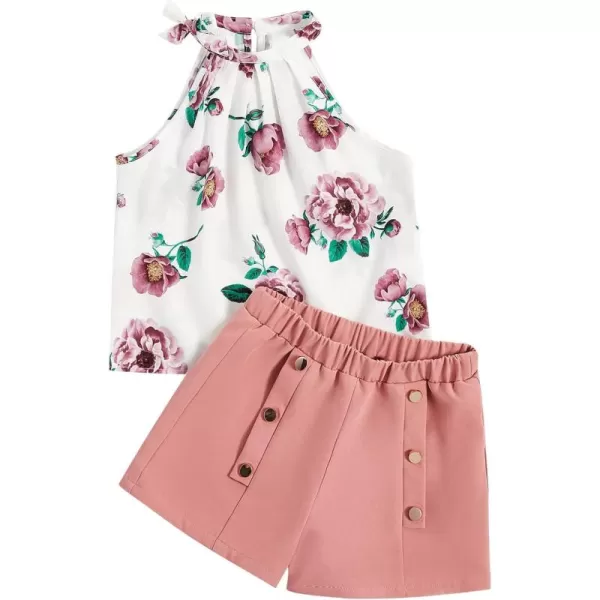 WDIRARA Girl's 2 Piece Outfits Floral Print Tie Neck Halter Top and Shorts Set