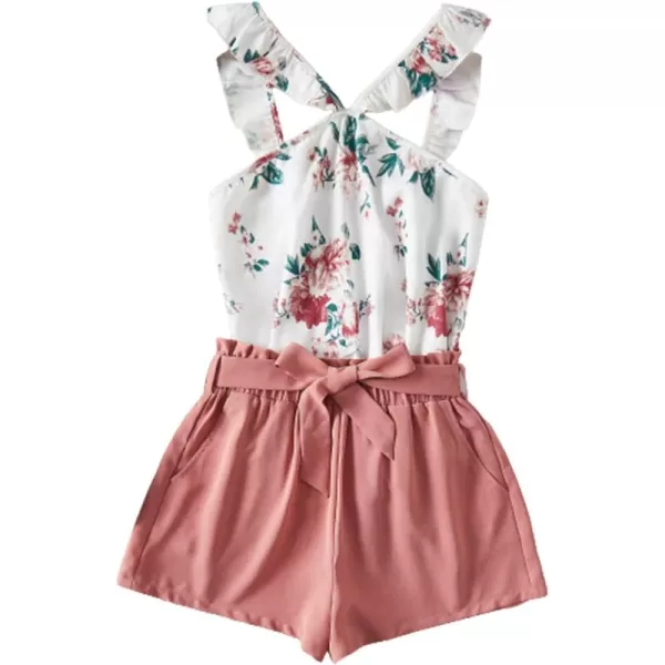 WDIRARA Girl's 2 Piece Outfits Floral Print Tie Neck Halter Top and Shorts Set