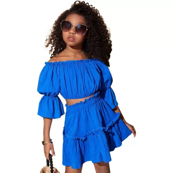 WDIRARA Girl's 2 Piece Outfits Off Shoulder Puff Sleeve Lettuce Trim Blouse and Ruffle Hem Skirt Set