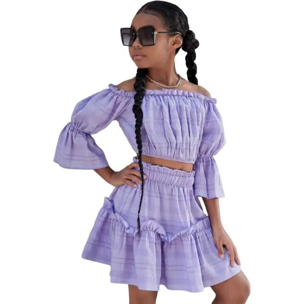 WDIRARA Girl's 2 Piece Outfits Off Shoulder Puff Sleeve Lettuce Trim Blouse and Ruffle Hem Skirt Set