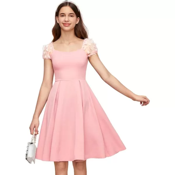 WDIRARA Girl's Appliques Mesh Puff Sleeve Square Neck Ruffle Hem Dress