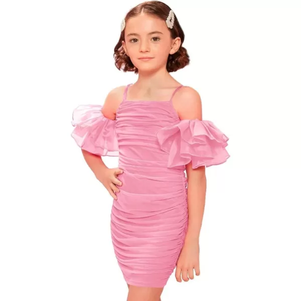 WDIRARA Girl's Cold Shoulder Layered Ruffled Short Sleeve Ruched Party Pencil Mini Dress