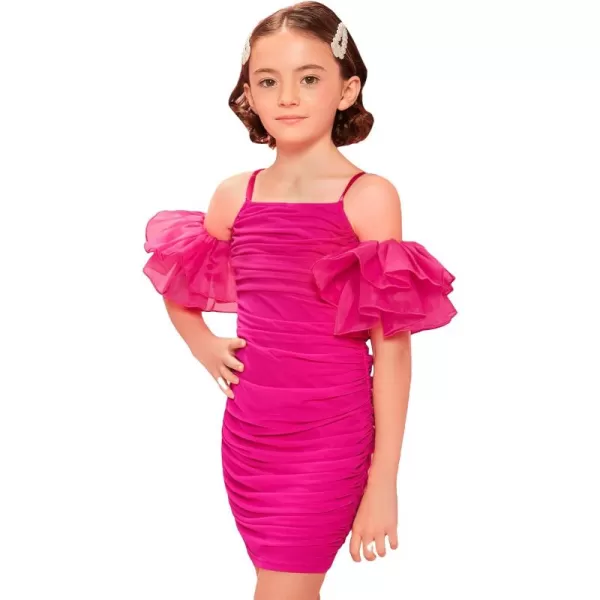 WDIRARA Girl's Cold Shoulder Layered Ruffled Short Sleeve Ruched Party Pencil Mini Dress