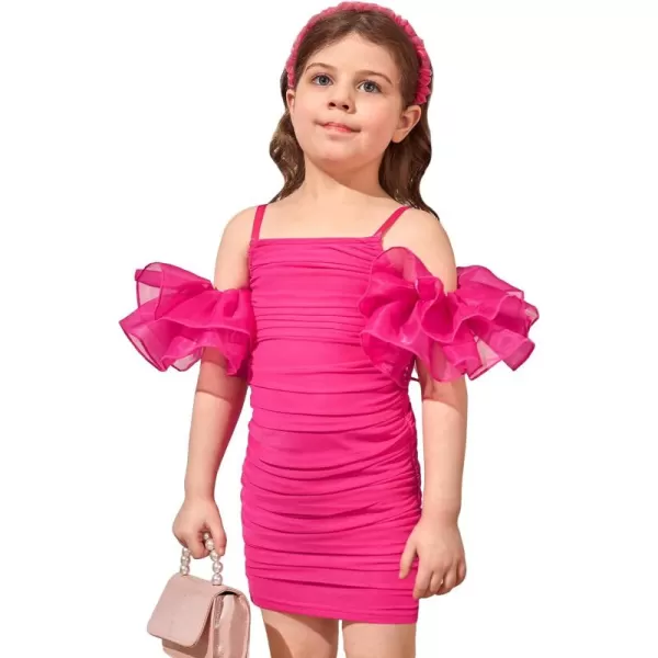WDIRARA Girl's Cold Shoulder Layered Ruffled Short Sleeve Ruched Party Pencil Mini Dress