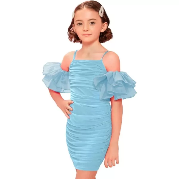 WDIRARA Girl's Cold Shoulder Layered Ruffled Short Sleeve Ruched Party Pencil Mini Dress