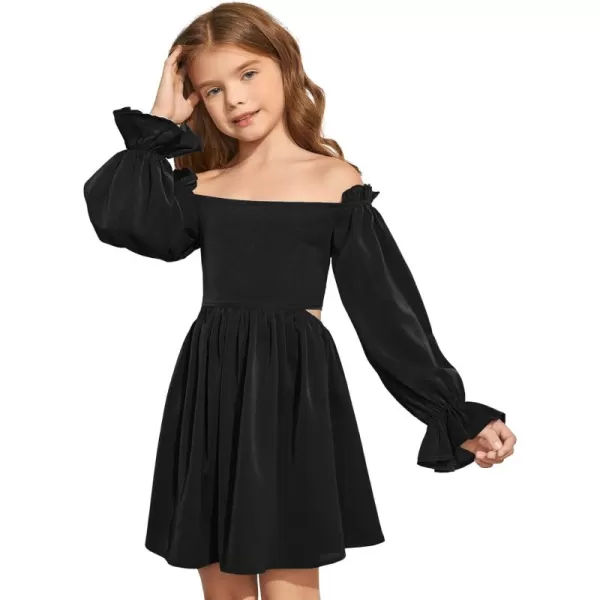 WDIRARA Girl's Cut Out Off Shoulder Shirred Flounce Sleeve Ruffle Hema A Line Mini Dress