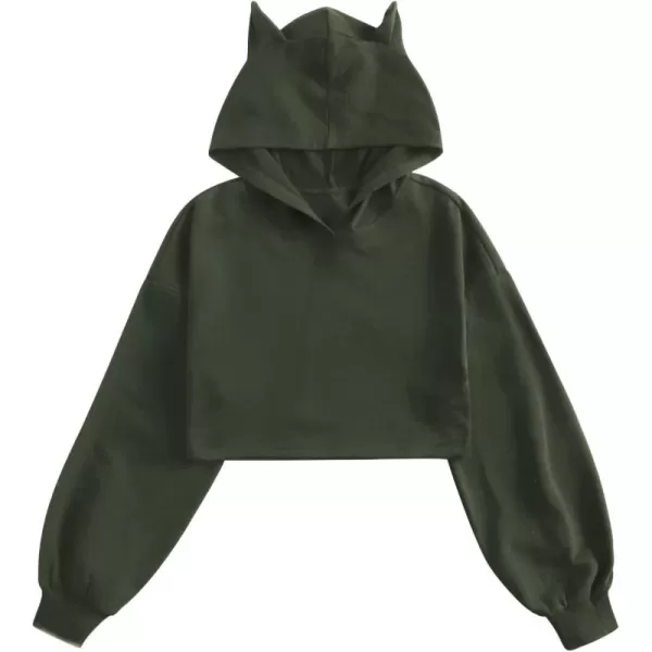 WDIRARA Girl's Cute Cat Ear Crop Tops Long Sleeve Causal Plain Hoodie Sweatshirt Shirt