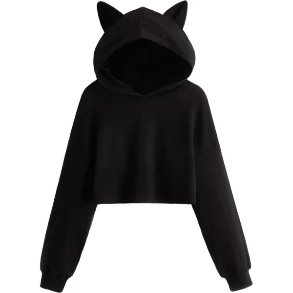 WDIRARA Girl's Cute Cat Ear Crop Tops Long Sleeve Causal Plain Hoodie Sweatshirt Shirt
