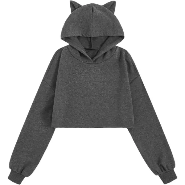 WDIRARA Girl's Cute Cat Ear Crop Tops Long Sleeve Causal Plain Hoodie Sweatshirt Shirt
