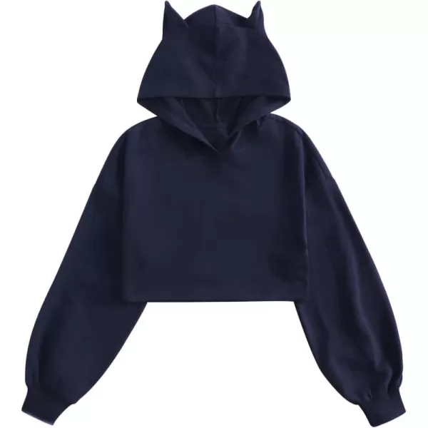 WDIRARA Girl's Cute Cat Ear Crop Tops Long Sleeve Causal Plain Hoodie Sweatshirt Shirt