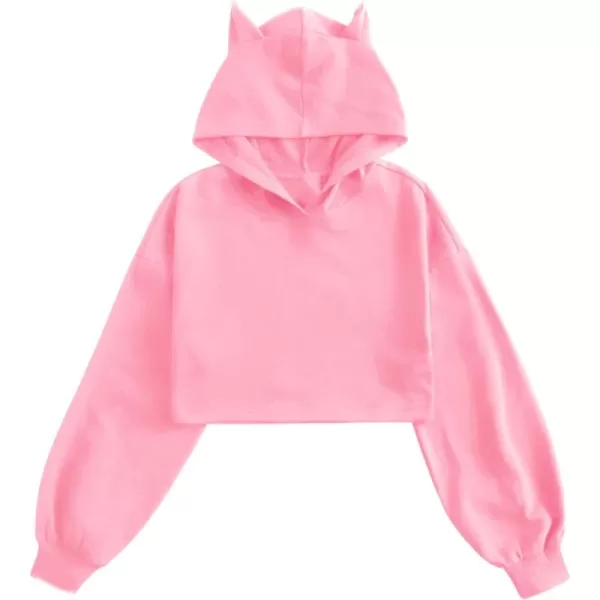 WDIRARA Girl's Cute Cat Ear Crop Tops Long Sleeve Causal Plain Hoodie Sweatshirt Shirt
