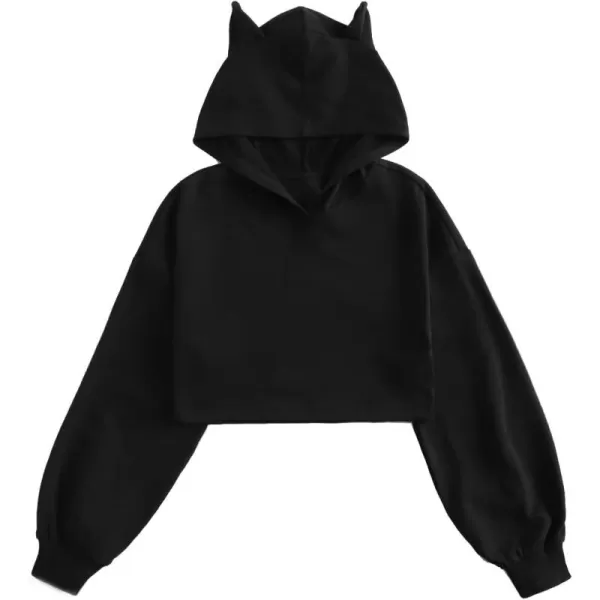 WDIRARA Girl's Cute Cat Ear Crop Tops Long Sleeve Causal Plain Hoodie Sweatshirt Shirt