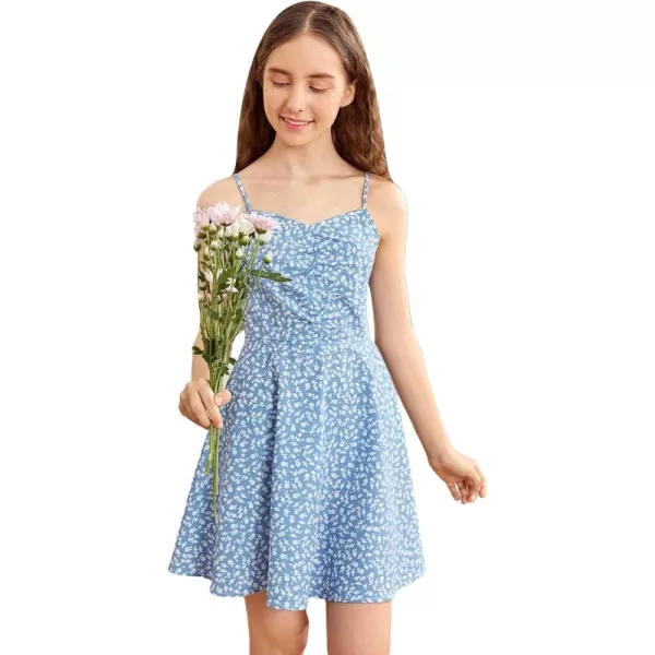 WDIRARA Girl's Ditsy Floral Print Dress Spaghetti Strap V Neck Ruched Flared Cami Dress