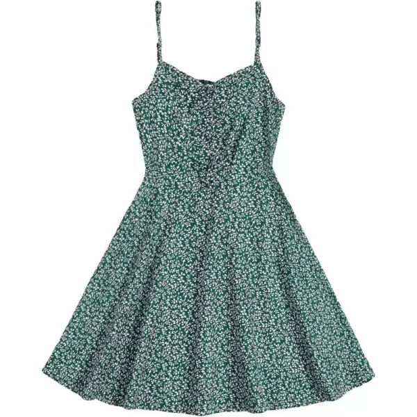 WDIRARA Girl's Ditsy Floral Print Dress Spaghetti Strap V Neck Ruched Flared Cami Dress