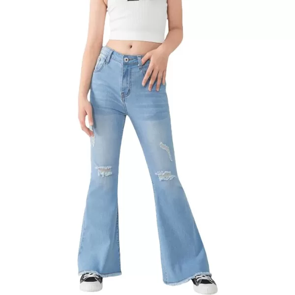 WDIRARA Girl's High Waisted Ripped Raw Hem Flare Bell Bottom Jeans Denim Pants