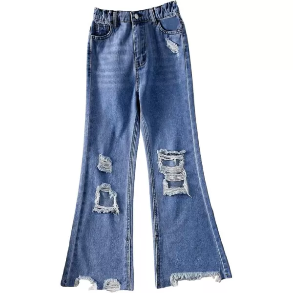 WDIRARA Girl's High Waisted Ripped Raw Hem Flare Bell Bottom Jeans Denim Pants