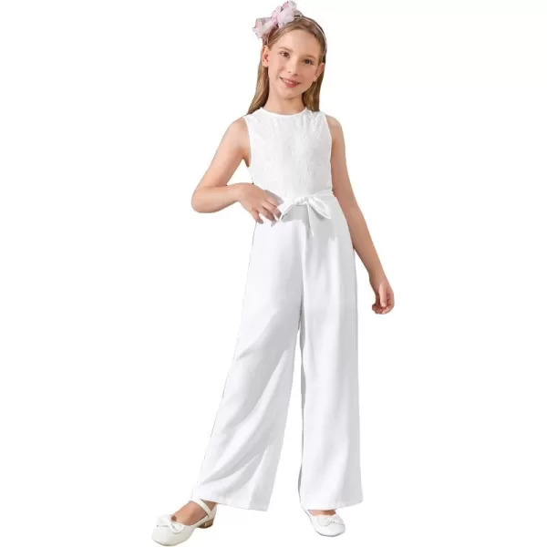 WDIRARA Girl's Lace Round Neck Sleeveless Belted Wide Leg Jumpsuit Pants
