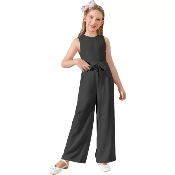 WDIRARA Girl's Lace Round Neck Sleeveless Belted Wide Leg Jumpsuit Pants