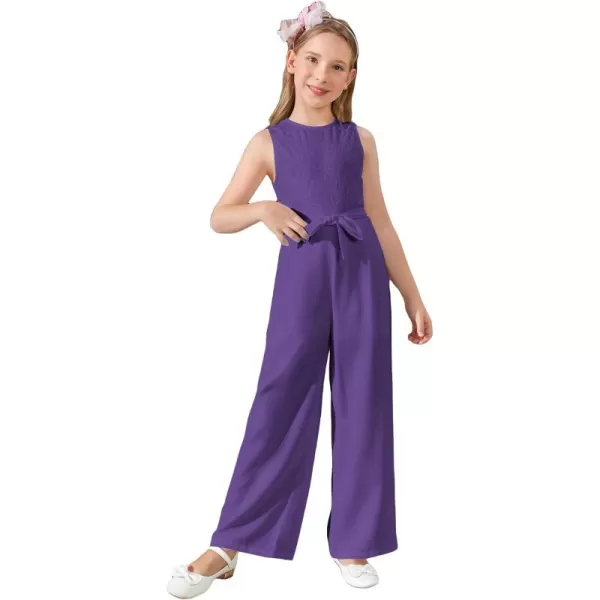 WDIRARA Girl's Lace Round Neck Sleeveless Belted Wide Leg Jumpsuit Pants