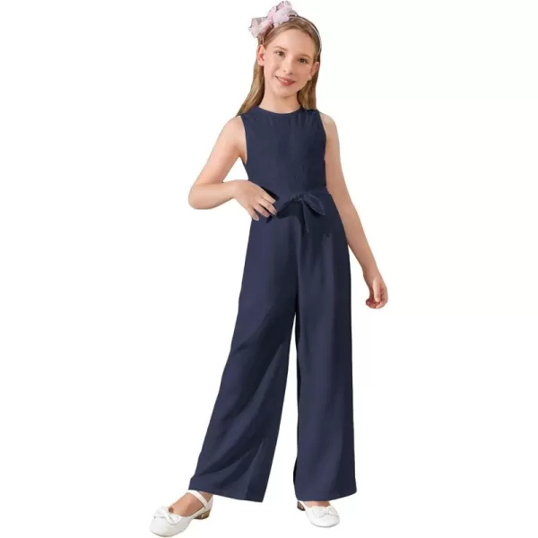 WDIRARA Girl's Lace Round Neck Sleeveless Belted Wide Leg Jumpsuit Pants