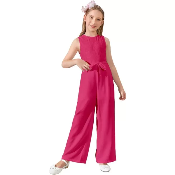 WDIRARA Girl's Lace Round Neck Sleeveless Belted Wide Leg Jumpsuit Pants