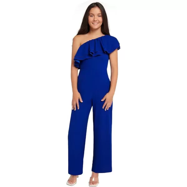 WDIRARA Girl's One Shoulder Layered Ruffle Trim Sleeveless Jumpsuit Pants with Pockets