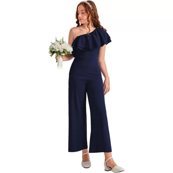 WDIRARA Girl's One Shoulder Layered Ruffle Trim Sleeveless Jumpsuit Pants with Pockets