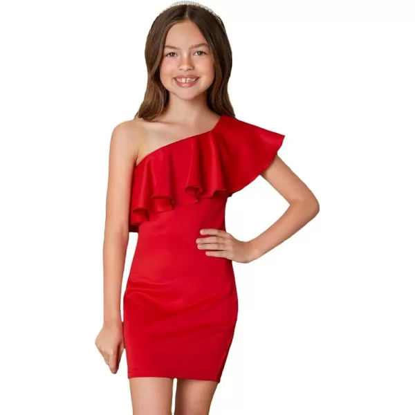 WDIRARA Girl's One Shoulder Ruffle Trim Flounce Sleeve Pencil Party Birthday Dress