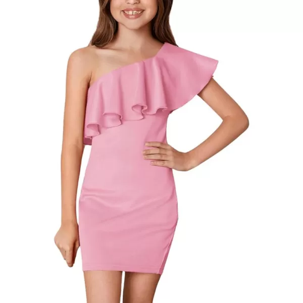WDIRARA Girl's One Shoulder Ruffle Trim Flounce Sleeve Pencil Party Birthday Dress