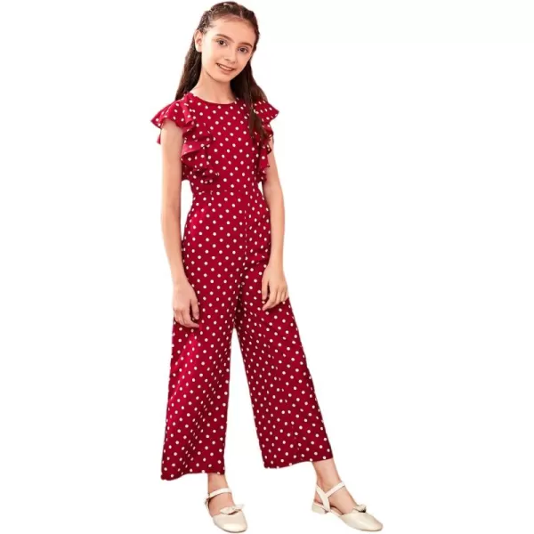 WDIRARA Girl's Polka Dots Ruffle Trim Cap Sleeve Round Neck Wide Leg Jumpsuit