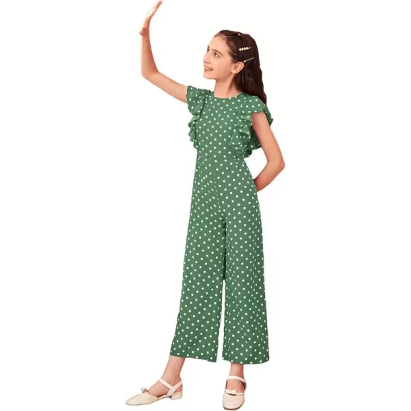 WDIRARA Girl's Polka Dots Ruffle Trim Cap Sleeve Round Neck Wide Leg Jumpsuit