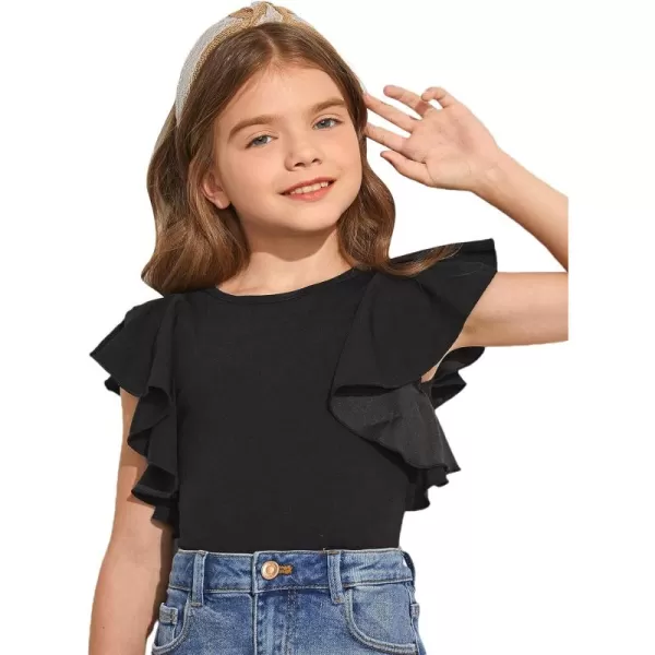 WDIRARA Girl's Ruffle Cap Sleeve Round Neck Cute Top T Shirt Solid Tee