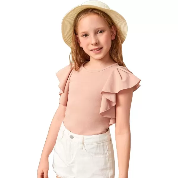 WDIRARA Girl's Ruffle Cap Sleeve Round Neck Cute Top T Shirt Solid Tee