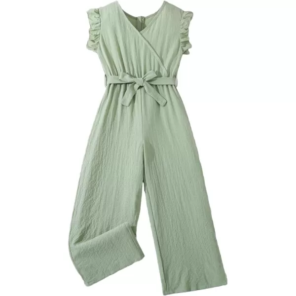 WDIRARA Girl's Ruffle Trim Wrap V Neck Cap Sleeve Cute Jumpsuit Belted Wide Leg Pants