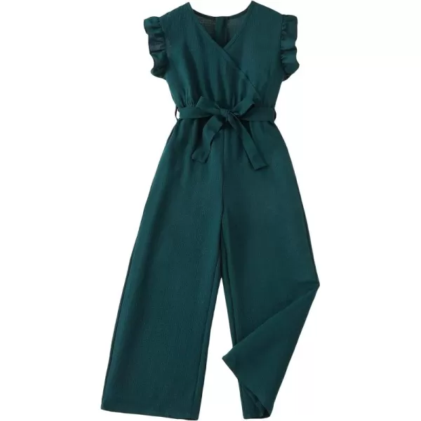 WDIRARA Girl's Ruffle Trim Wrap V Neck Cap Sleeve Cute Jumpsuit Belted Wide Leg Pants