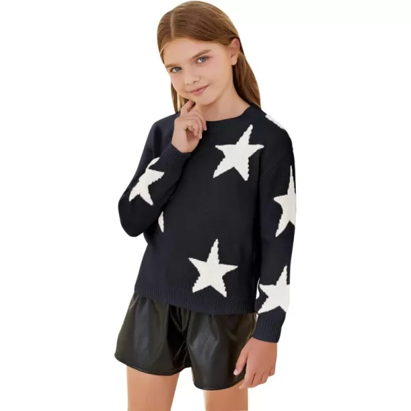WDIRARA Girl's Star Pattern Round Neck Long Sleeve Sweater Casual Tops