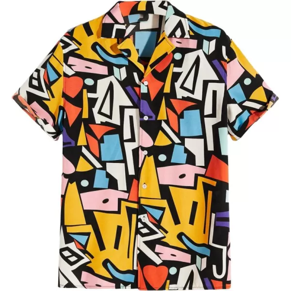 WDIRARA Men's Allover Printed Button Front Collar Hawaii Short Sleeve Colorblock Shirt