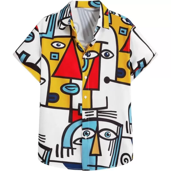 WDIRARA Men's Allover Printed Button Front Collar Hawaii Short Sleeve Colorblock Shirt