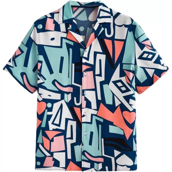 WDIRARA Men's Allover Printed Button Front Collar Hawaii Short Sleeve Colorblock Shirt