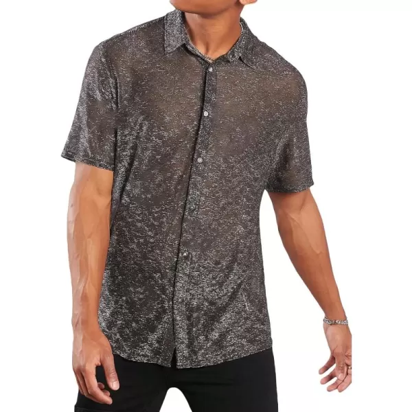 WDIRARA Men's Contrast Glitter Button Front Shirt Stand Collar Shirt Short Sleeve Tops