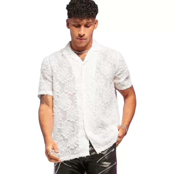 WDIRARA Men's Floral Button Front Short Sleeve Collar Shirt Party Tops