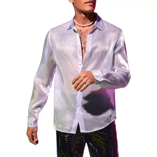 WDIRARA Men's Floral Lace Trim Mesh Long Sleeve Collared Sheer Top Button Down Shirt