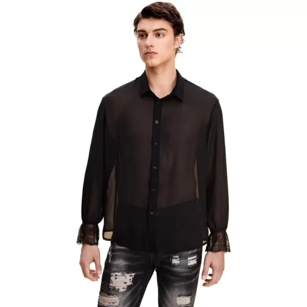 WDIRARA Men's Floral Lace Trim Mesh Long Sleeve Collared Sheer Top Button Down Shirt