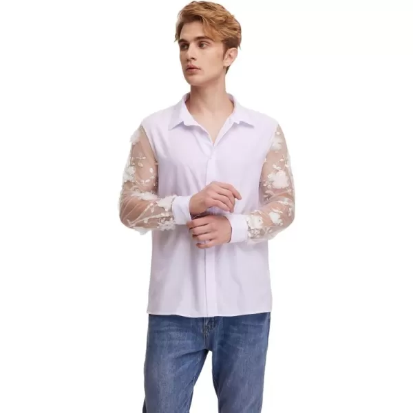 WDIRARA Men's Floral Mesh Appliques Sheer Long Sleeve Collared Button Up Shirt