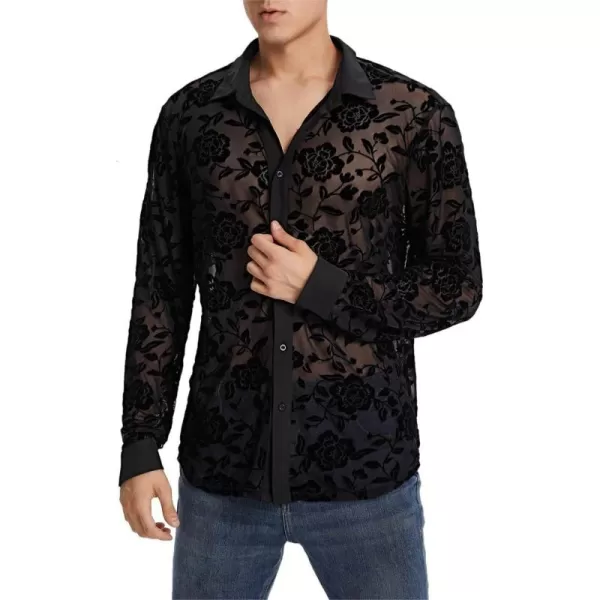WDIRARA Men's Floral Sheer Mesh See Through Button Front Long Sleeve Collar Party Club Tops Shirt