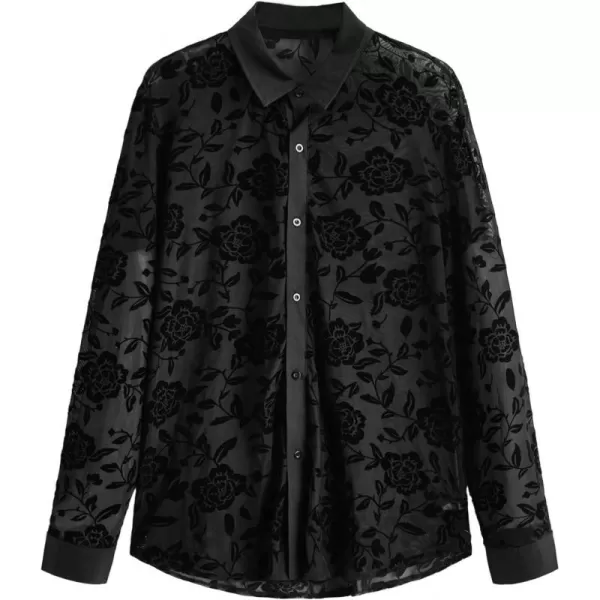 WDIRARA Men's Floral Sheer Mesh See Through Button Front Long Sleeve Collar Party Club Tops Shirt