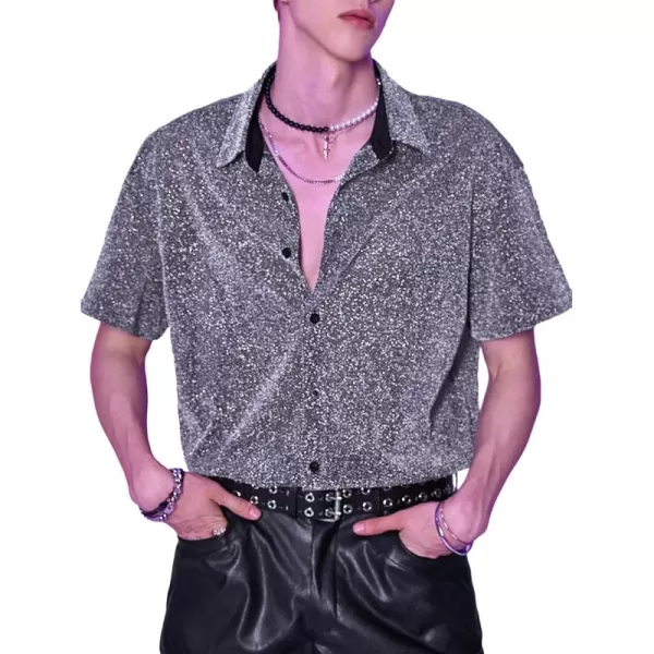 WDIRARA Men's Glitter Tank Top Button Up Drop Shoulder Short Sleeve Collar Party Shirt