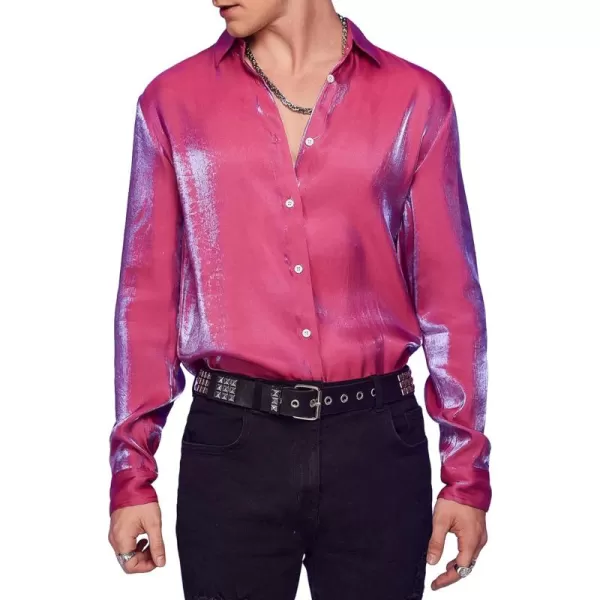 WDIRARA Men's Holographic Button Front Long Sleeve Party Club Shirt Collar Tops