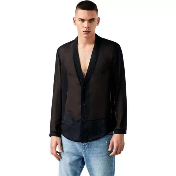 WDIRARA Men's Mesh Sheer V Neck Long Sleeve Button Up Shirts Paty Tee Top