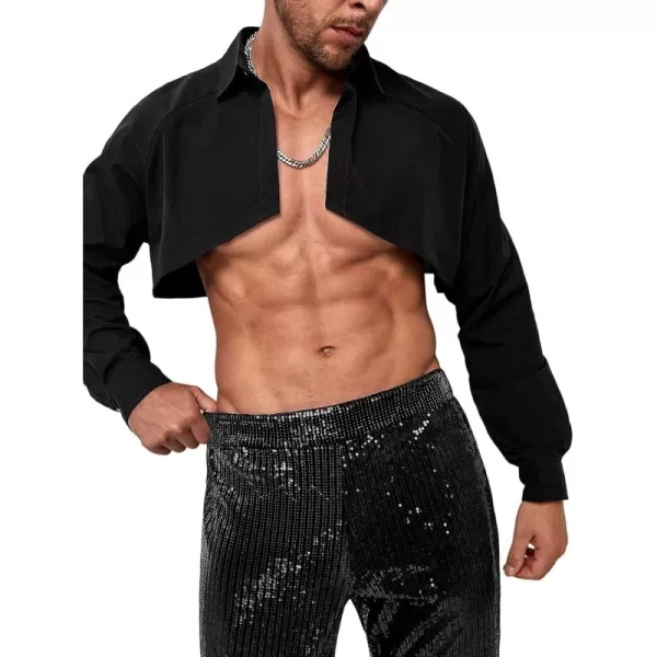 WDIRARA Men's Muscle Long Raglan Sleeve Open Front Super Crop Half Top Shirt